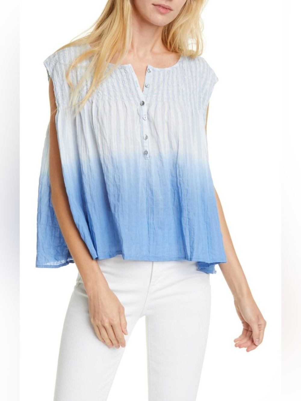 Free People Chambray Blue Ombre Little Bit Of Something Button Shirred Top Sz S